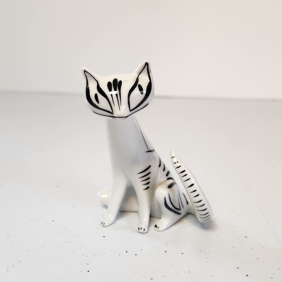 Art Deco Cat Vintage Hollohaza Porcelain Figurine White Black Mid Century Modern - Picture 1 of 8